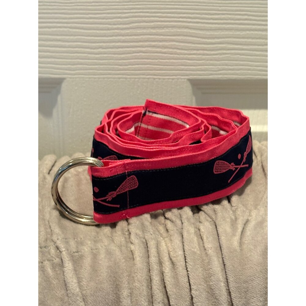 Preppy Lacrosse-Themed D-Ring Canvas Belt By Batada Navy Blue & Pink Stripes